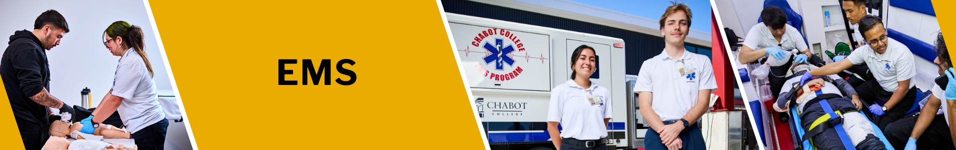 EMS. Students standing in front of ambulance, working on injured person.